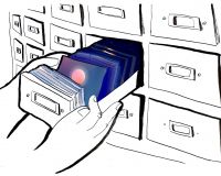 An illustration of a black and white filing cabinet, with one draw being opened, inside the draw are cards with a blue background and pink circle in the centre