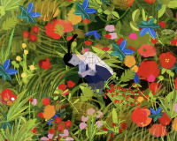 A still from the film The Promise. A girl with black hair, floats in a foetal position surrounded by flowers, plants and foliage.