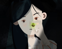 An animated image of a girl with black hair holding an acorn.