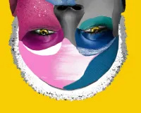 A graphic illustration of a woman's face, overlaid with popping shades of pinks, teals, blues and whites. She looks at us upside down from a bright yellow backdrop.