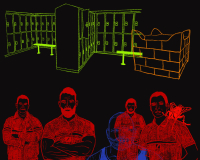 Still from Queer Bar Light Room illustrated artwork by Alec Stevens. Contains drawings of buildings in background and male figures in foreground