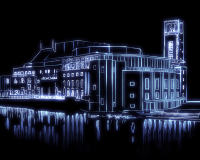 A blue line & light illustration of the Royal shakespeare Theatre, reflected in the river Avon