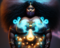 An AI made image of a Black woman adorned in a celestial, magical aura.