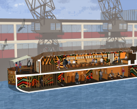 A section perspective of a new boat based venue in the Harbourside, buzzing with attendees and creation.