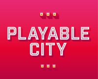 A pink square with white text saying Playable City