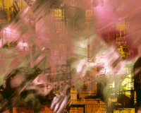Brian Gibson's art work Angels Walk Amongst Us - a depiction of an amber cityscape in bronze, yellow, and black tones, with abstract imagery peppered throughout the piece.