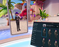 An image of a metaverse-like customisable avatar next to a monitor screen showing various customisation options. 
