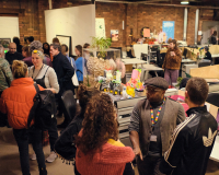 People socialising in Pervasive Media Studio at a First Friday event