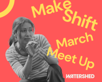 Holly is pictured kneeling in striped sweatshirt on a solid pink background with yellow text overlayed which reads Make Shift March meet Up