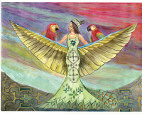 A hand drawn image of an angelic, feminine character, flanked by two exotic birds on either shoulder. 
