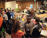 People chatting at First Friday Event, Pervasive Media Studio, Watershed