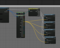 A screenshot of software enabling the user to program audio for video games - on the grey interface, many black boxes with text on them connect to one another as a flow. 