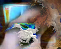 An abstract image of iridescent fluid, shapes and colours, somewhat bio-organic in texture.