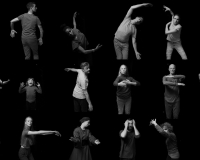 A black and white image of various people, of diverse ages, backgrounds and body types, holding various poses. 