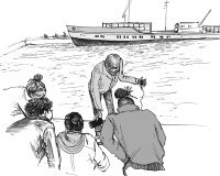 An illustration of Ralph Hoyte, on a sound walk with participants on the ATJT workshop series. The participants and Ralph are by the Harbourside in Bristol. 