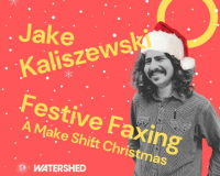 A picture of Jake with a photoshopped santa hat with text that reads "FESTIVE FAXING-A MAKESHIFT CHRISTMAS"