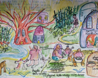A hand drawn image of a carrot patch made in collaboration with the queering AI cohort. The image details several people, buildings and garden lots. 