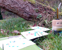 An image of various diagrams on paper, resting on a grassy area beneath the trunk of a tree.