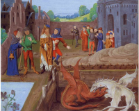 An image of Vortigern Dragons: Vortigern and Ambros watch the fight between the red and white dragons: an illustration from a 15th-century manuscript of Geoffrey of Monmouth's History of the Kings of Britain.