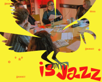 Image of people around a table seen through a bird cut out of yellow holding the words Is Jazz