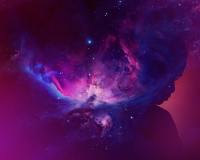 An image of a purple and bluish nebula, in which a human profile can be seen silhouetted to the right of the image. 