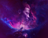 An image of a purple and bluish nebula, in which a human profile can be seen silhouetted in the centre of the image. 