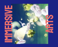 An image of the Immersive Arts text, bordering an abstract blue image on the left and right, with a floral image in the middle.