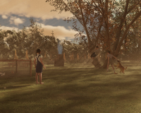 A 3d rendered image of children playing in a green landscape reminiscent of a yard - two children and a dog play on a rope swing tethered to a tree to the left of the image. 