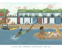 An illustration of a future Watershed, with people swimming in the river in the foreground, and the roof of the building rewilded with foliage, birds and vegetation. 