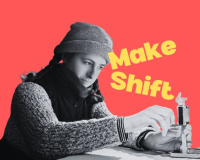 A picture of helen making a puppet with text that reads MAKE SHIFT