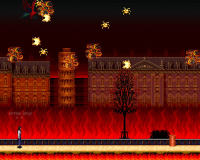 A screenshot from the game Black Room - the image depicts a woman in the bottom right hand corner, wearing a white shirt and long blue skirt, facing down a large street awash in intense colours reminiscent of burning and fire. A dark red pervades the image, creating a surreal and dreamlike atmosphere. 