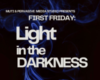 A blue background with text advertising First Friday December with the theme of Light in the Darkness.