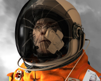 An image of Andrew Kötting rendered in a 3d art style; he is portrayed as an astronaut, clad in orange, with only the right side of his face visible through the cracked helmet. He has a bewildered expression on his face. 