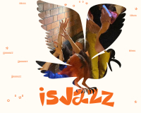 Silhouette of a bird filled with an image of people reaching upwards, set against a brick wall. Surrounding text reads “isJazz,” with playful orange accents.