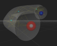 A screenshot of audio production software used to make animal sounds from programmed or recorded sources. Two large dots, one red and one blue, connect a network of smaller dots via straight yellow lines, forming an amorphous shape in the centre of the image. 