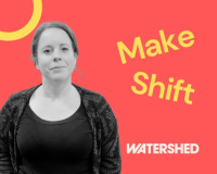 A person stands against a bold red background with "Make Shift" and "Watershed" text. The person appears calm. The design is modern and eye-catching.