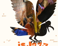A lively group of people with raised hands and phones is overlayed by an illustration of a bird in flight. "isJazz" text is prominent. Joyful atmosphere.