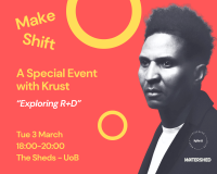 Red event poster with yellow text. Features a grayscale photo of a serious-looking man, circles, and details of a special event with Krust on March 3.