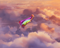 Arco is wearing a colorful cape flies joyfully through vibrant, fluffy clouds at sunset. The scene conveys a sense of adventure and freedom.