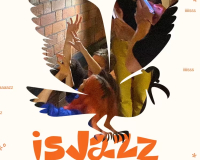 Silhouette of a bird overlays a lively scene of people dancing and clapping near a brick wall. The text "is Jazz" appears in bold orange below. Energetic vibe.
