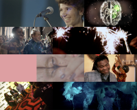 A collage of diverse scenes: smiling speakers at a mic, sparklers, an artwork of a brain, a joyful crowd, a performer posing, a child flexing, and swirling colours.