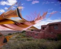 Surreal image with pink-orange abstract shape over a desert landscape, featuring adobe-style buildings and a blue sky with clouds. Dreamlike and vibrant.