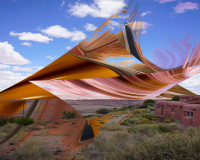 Surreal landscape with abstract, swirling shapes in the sky over a desert scene. Red adobe building and vegetation add contrast under a bright blue sky.