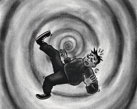 Cartoon of a surprised man falling backwards into a swirling gray vortex. His expression conveys shock and confusion. Monochrome, dynamic, humorous tone.
