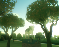 A screenshot of the game Everything, depicting a cow stood on a plinth in the middle of a lush wooded landscape reminiscent of a park.