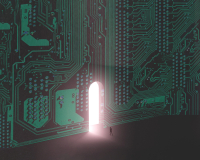 A rendered image of a tiny human walking into a big door inside a circuitboard. 