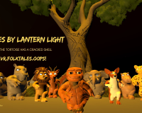 A poster made in VR, depicting several animals underneath a tree. The text reads   TALES BY LANTERN LIGHT Why the Tortoise has a Cracked Shell VR, FOLKTALES, OOPS!