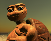 An image of an anthropomorphic tortoise, smiling at the camera, rendered in VR.