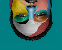 An image of an upside down face, with different colours painted across it and short dark hair