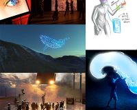 Collage of images that represent the 6x fellowships. An Eye on a screen, a drawing of a VR set up, a large inflated tentacle, a performance in a virtual venue, people with VR headsets, a drone show above a mountain.